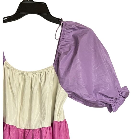 Fantastic Fawn Coated Color Block Babydoll Mini Dress Womens Medium Puff Sleeve - Picture 2 of 5